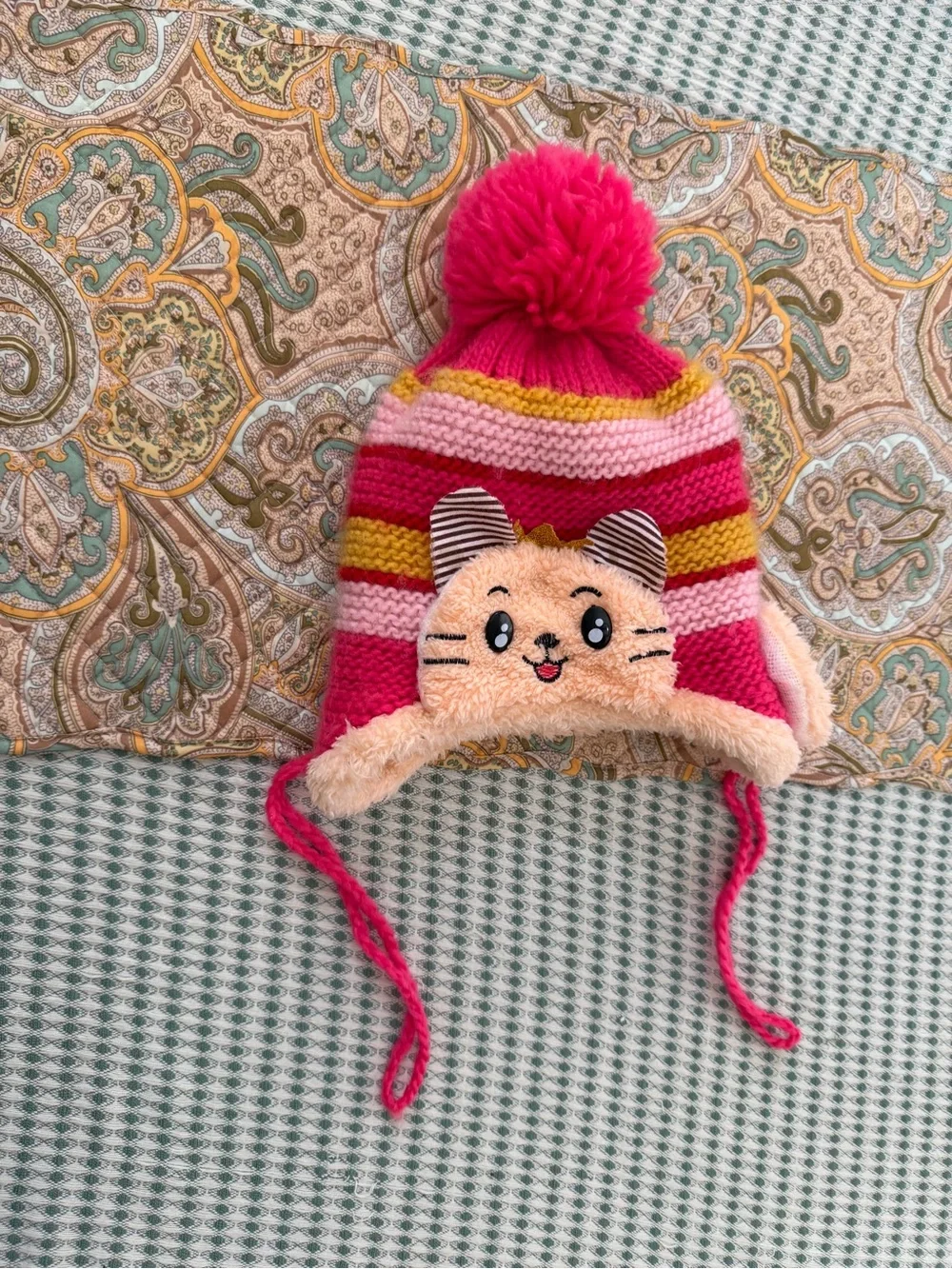 Girls' Crochet Winter Hat Pink Striped Cat Pom Pom Winter Hat Beanie